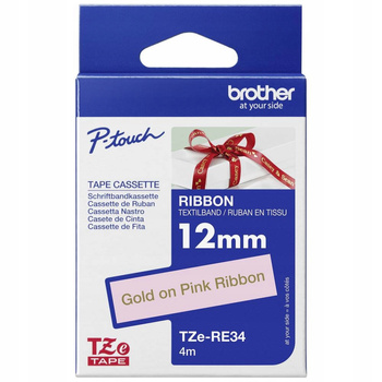 Taśma Brother TZe-RE34 12mm 4m różowa taśma złoty napis oryginalna